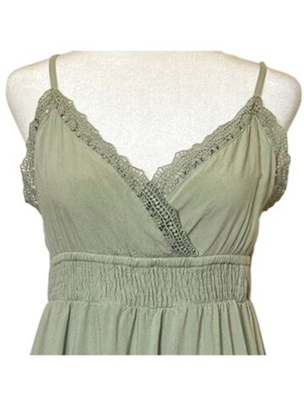 Sim & Sam Womens Sz M Maxi Dress Sage Green Crochet Smocked Forest Fairy Earthy - Picture 2 of 14